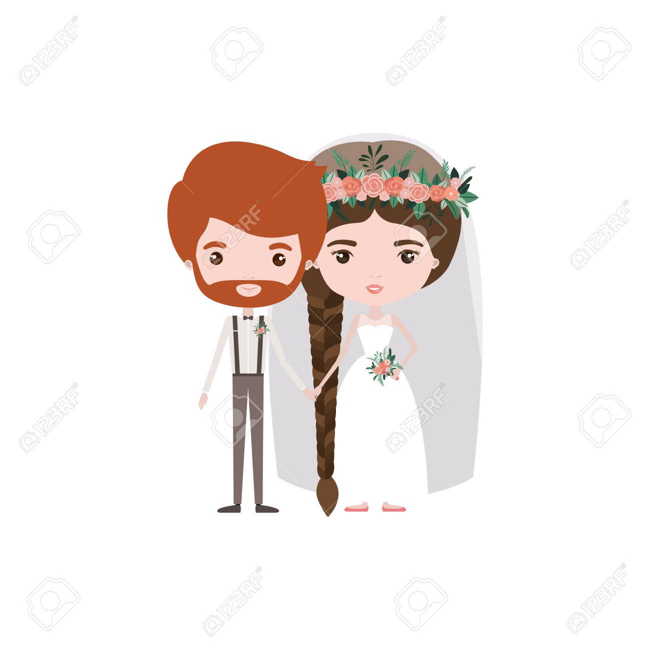 正式な摩耗とお下げの髪型ベクトル図と花嫁新婚のカラフルな似顔絵