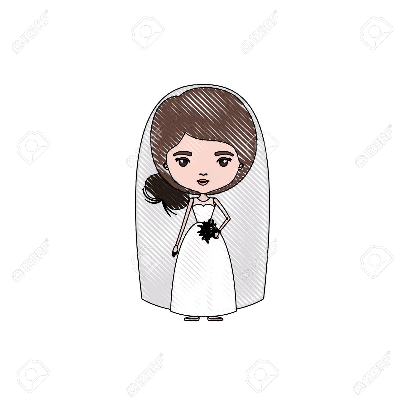 写真素材 , 色クレヨン シルエット似顔絵パン側髪型ベクトル図とウェディング ドレスでかわいい女性