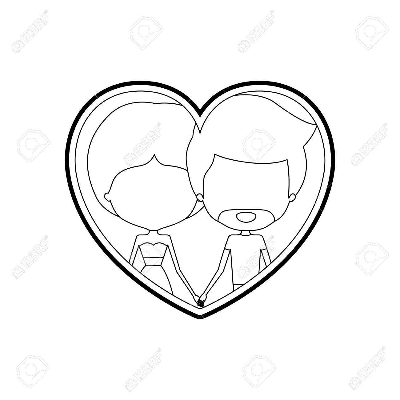 Sketch Silhouette Heart Shape With Caricature Faceless Couple