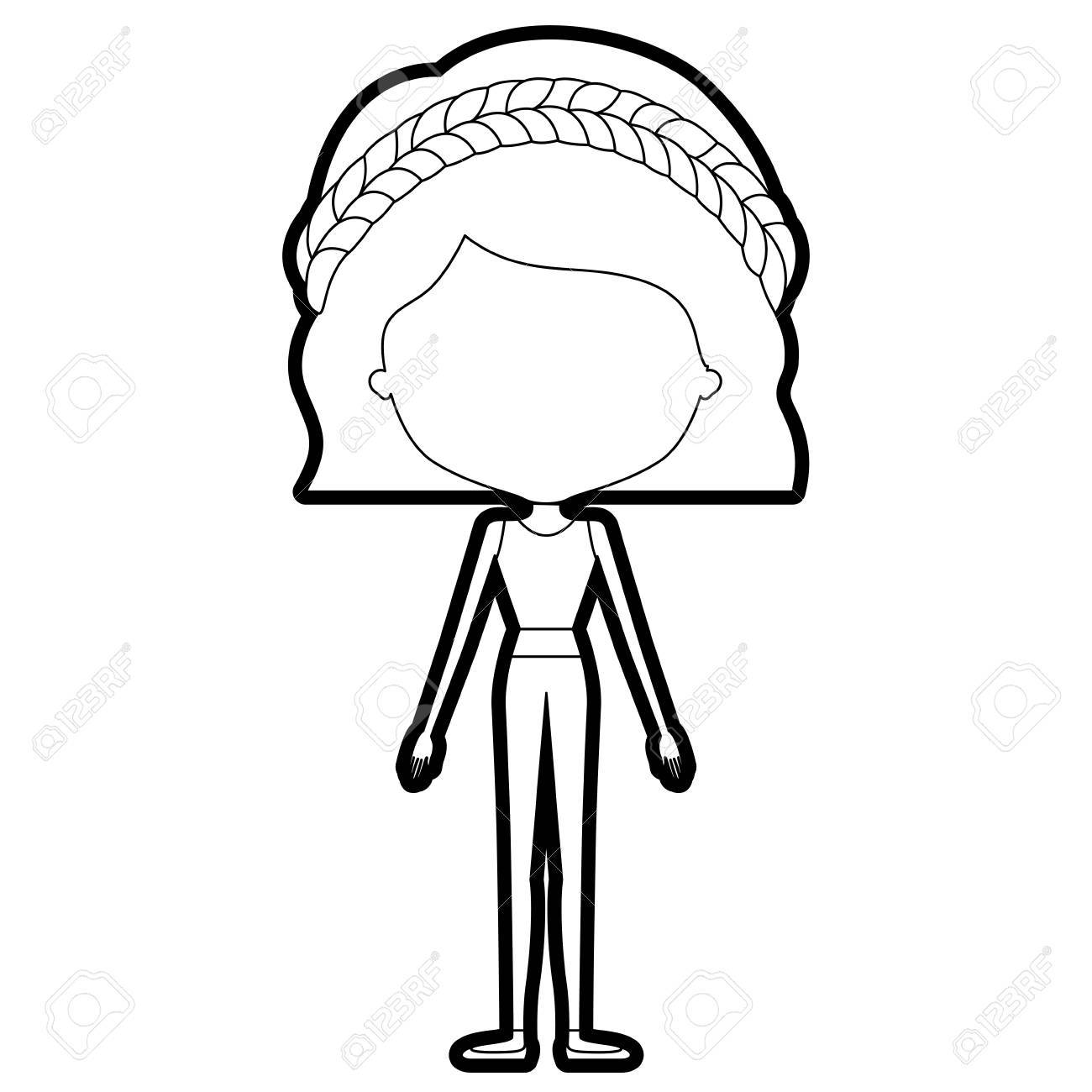 波状の短い髪型と服で顔の見えない女性は細い似顔絵のシルエットをスケッチし ベクトル図を三つ編みのイラスト素材 ベクタ Image