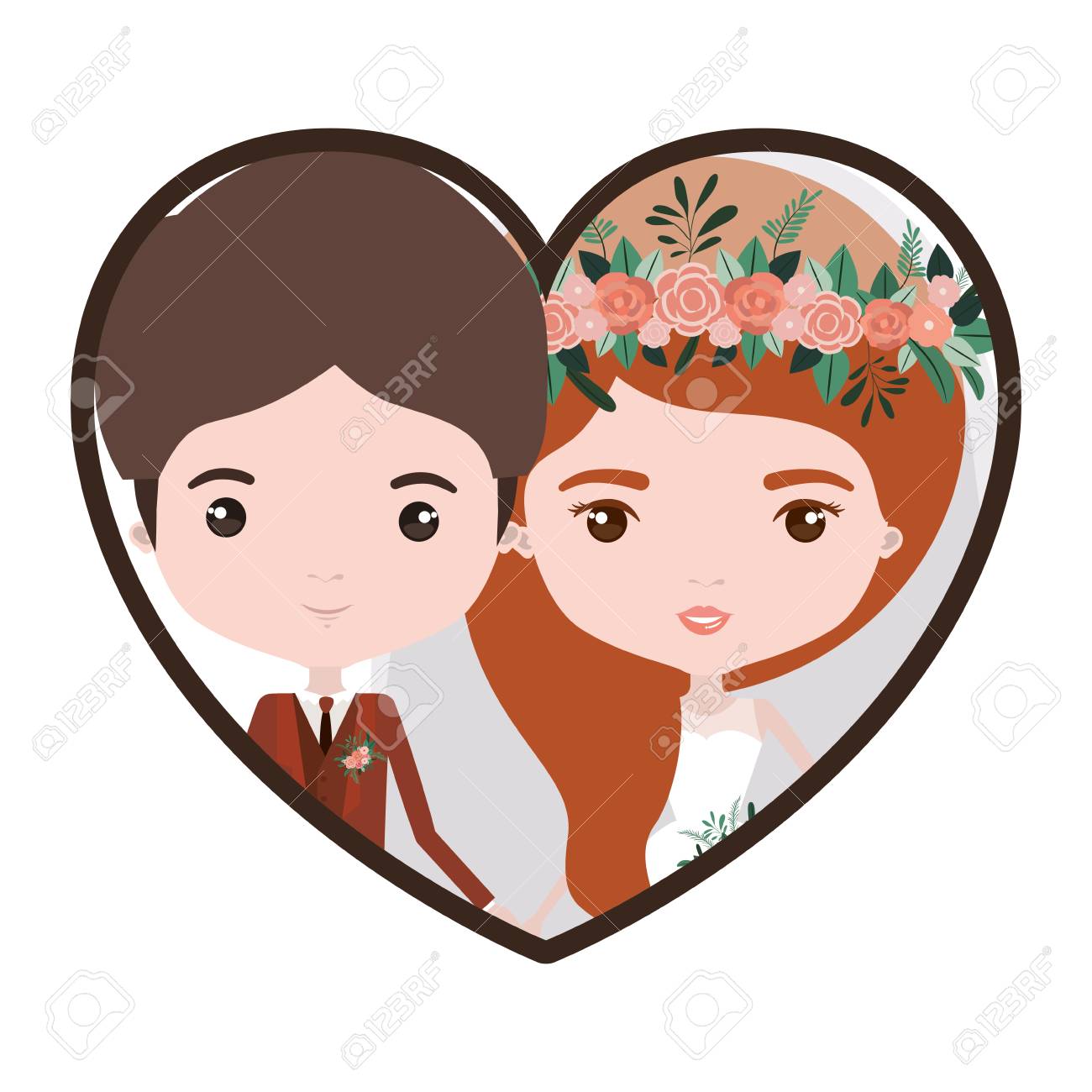 Retrato De Forma De Corazon Colorido Con Caricatura Pareja De Novios Recien Casados Con Ropa Formal Y Novia Con Ilustracion De Vector De Peinado Largo Ondulado Lateral Ilustraciones Vectoriales Clip Art Vectorizado