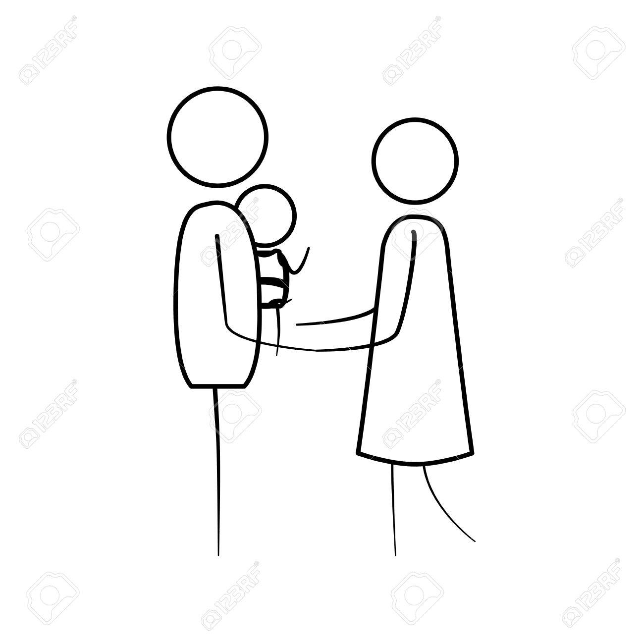 Sketch Thin Contour Of Pictogram Man Carrying A Baby And Holding