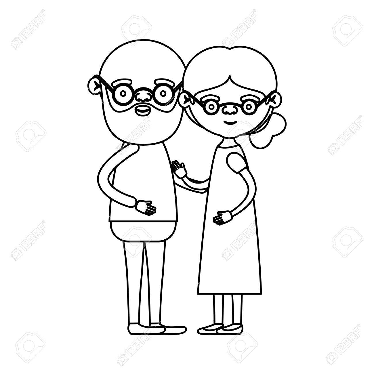 Sketch Silhouette Full Body Couple Elderly Of Bald Grandfather