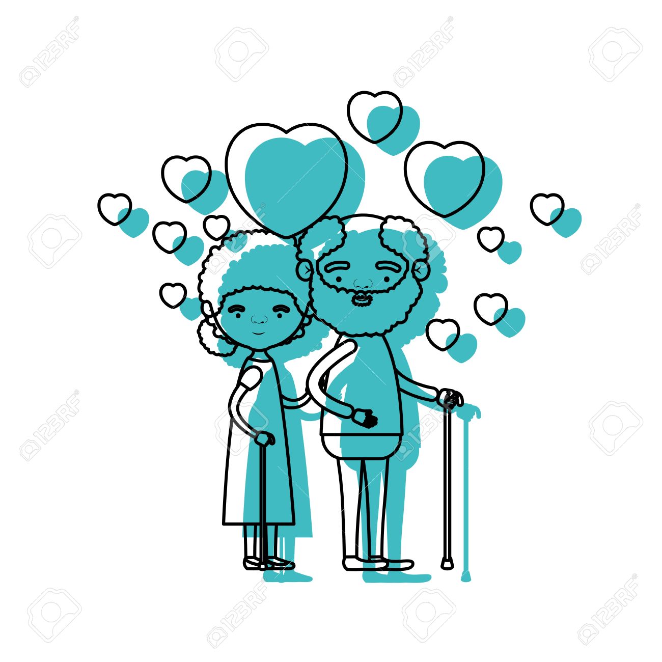 戯画フルボディ年配の夫婦は 青い水彩画シルエットベクトルイラストでパンの杖と祖母に浮かぶハートの髭の祖父を抱きしめた のイラスト素材 ベクタ Image
