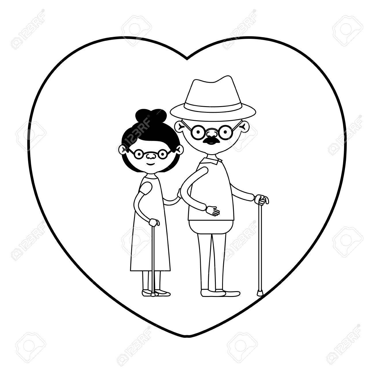 ハート形グリーティング カード祖父帽子とヒゲと黒いシルエットのセクションで髪の短い祖母似顔絵全身老夫婦はベクトル イラストです のイラスト素材 ベクタ Image