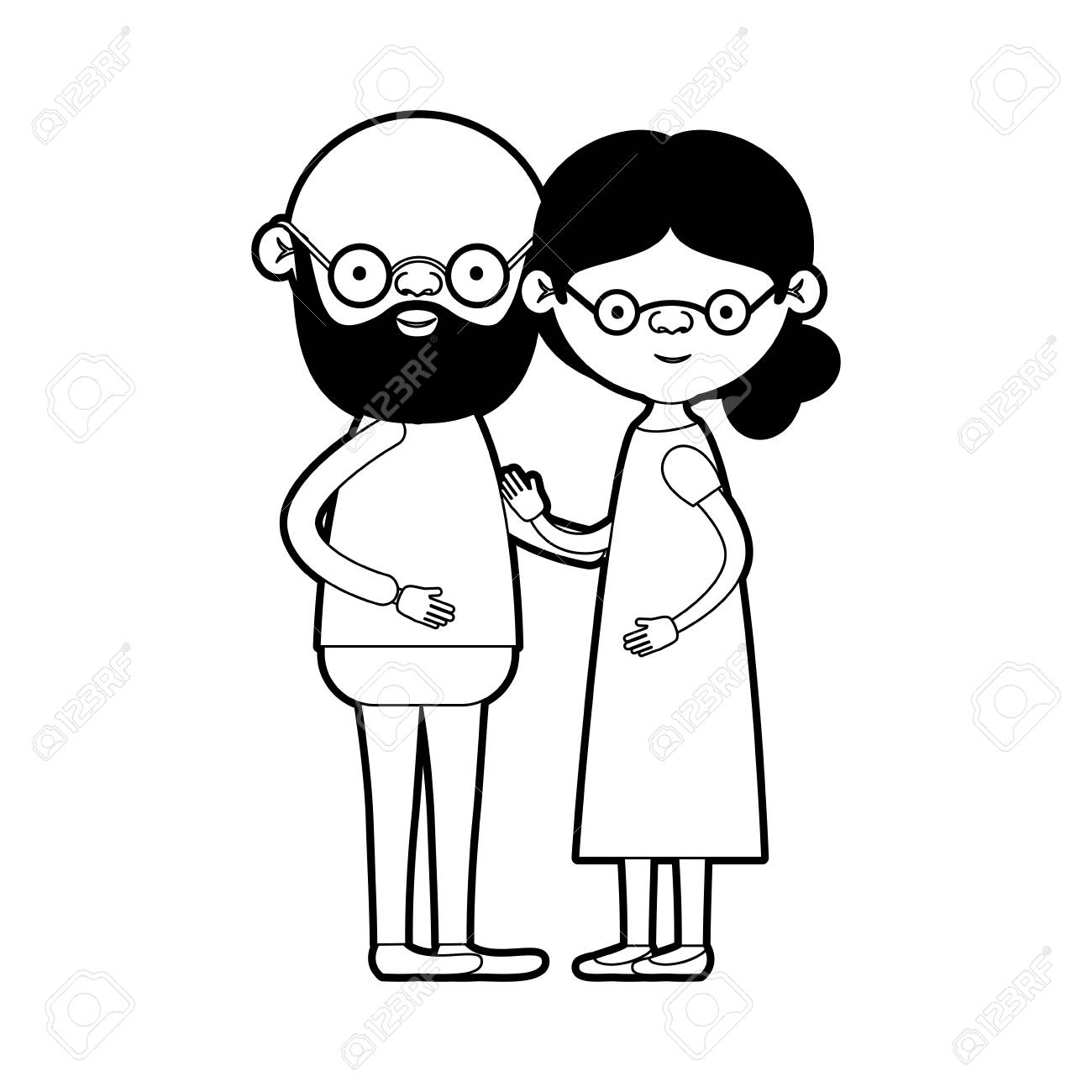 Caricature Full Body Elderly Couple With Glasses Bald Grandfather
