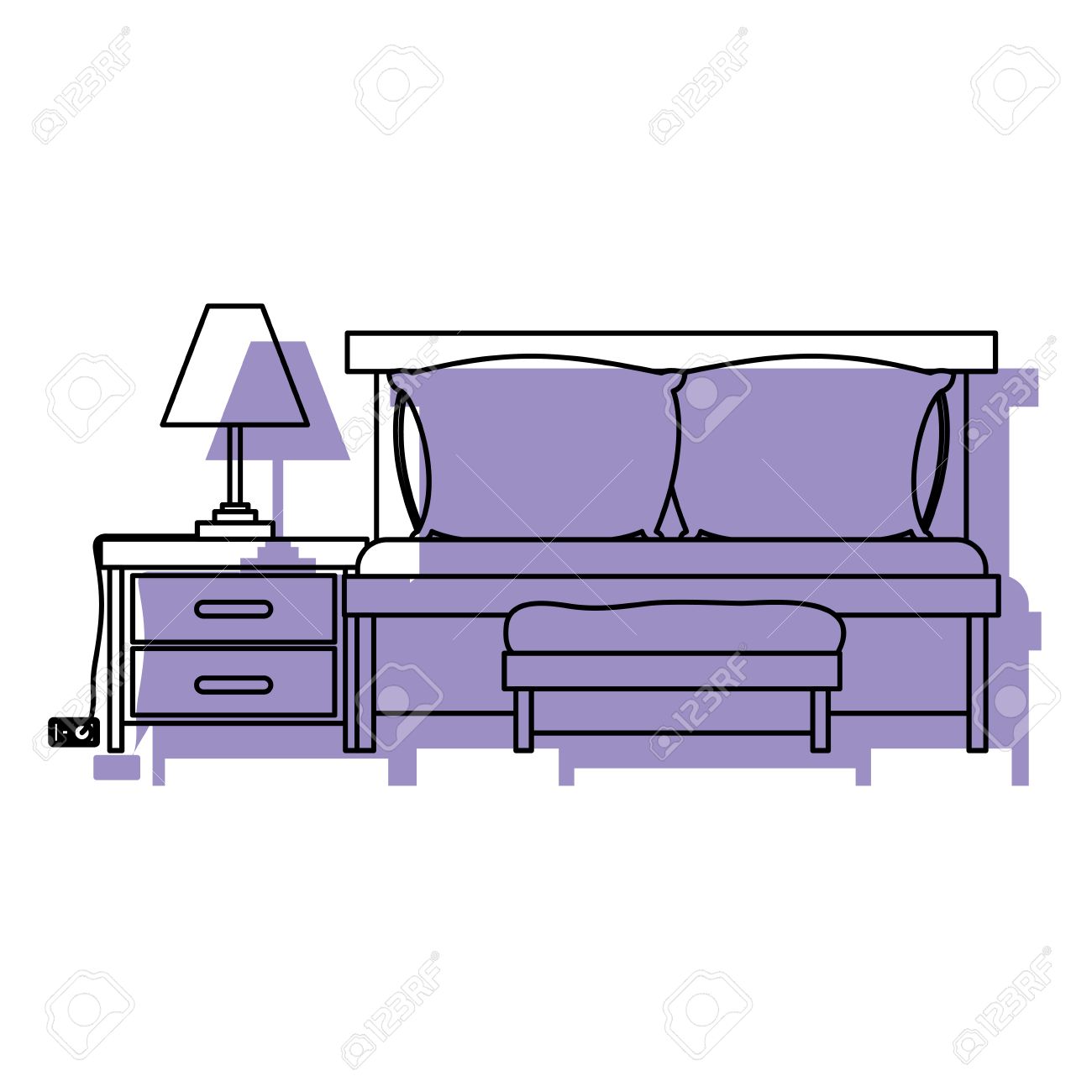 ベッドルーム ソファベッドとナイト パープル ホワイト バック グラウンド ベクトル イラストを水彩シルエット上ランプ のイラスト素材 ベクタ Image