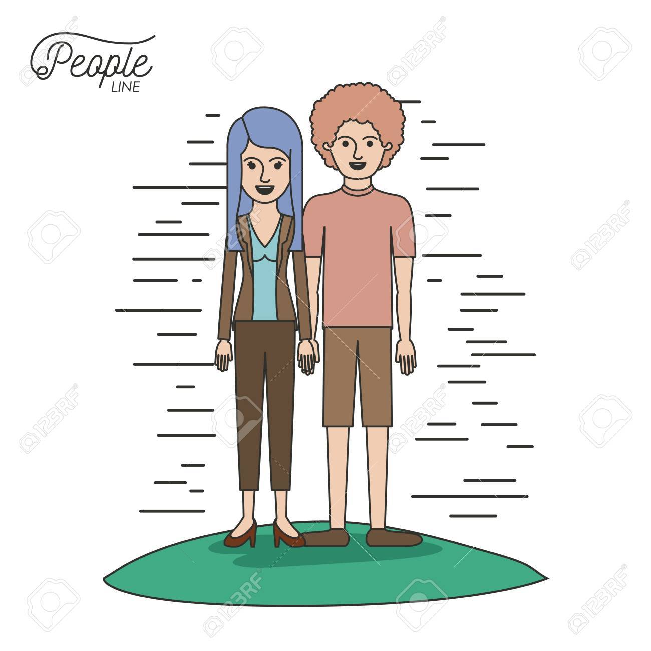 Caricature Couple People Line Casual Clothes Guy Curly Hair And
