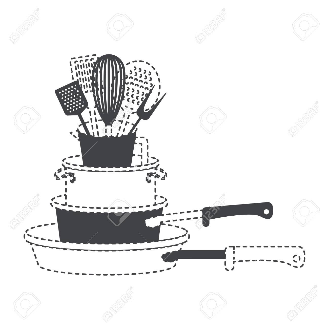シチュー鍋スタックと台所道具黒シルエットと点線の輪郭ベクトル イラスト のイラスト素材 ベクタ Image