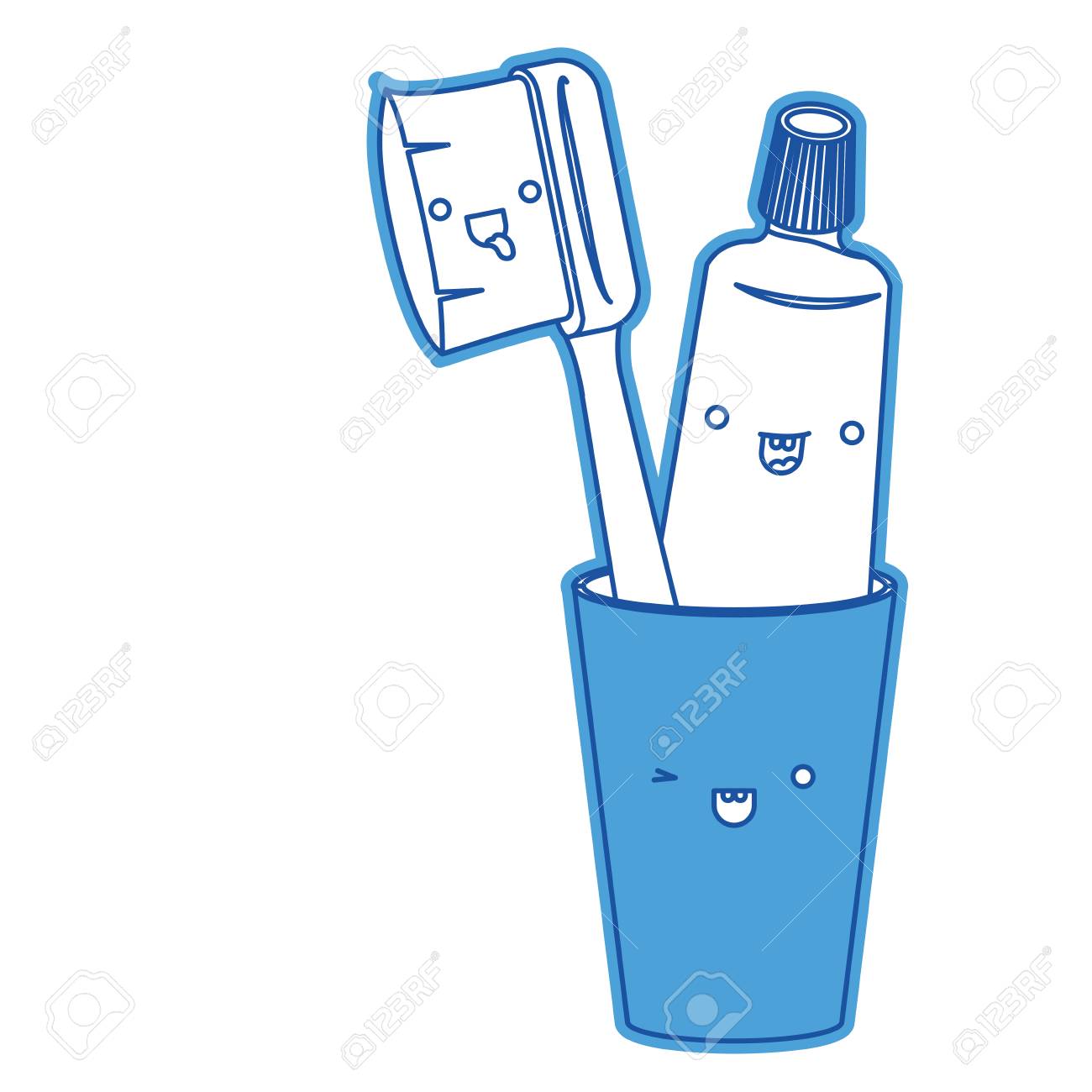 歯磨き粉と歯ブラシの女性かわいい青いシルエット ベクトル図にガラスのイラスト素材 ベクタ Image