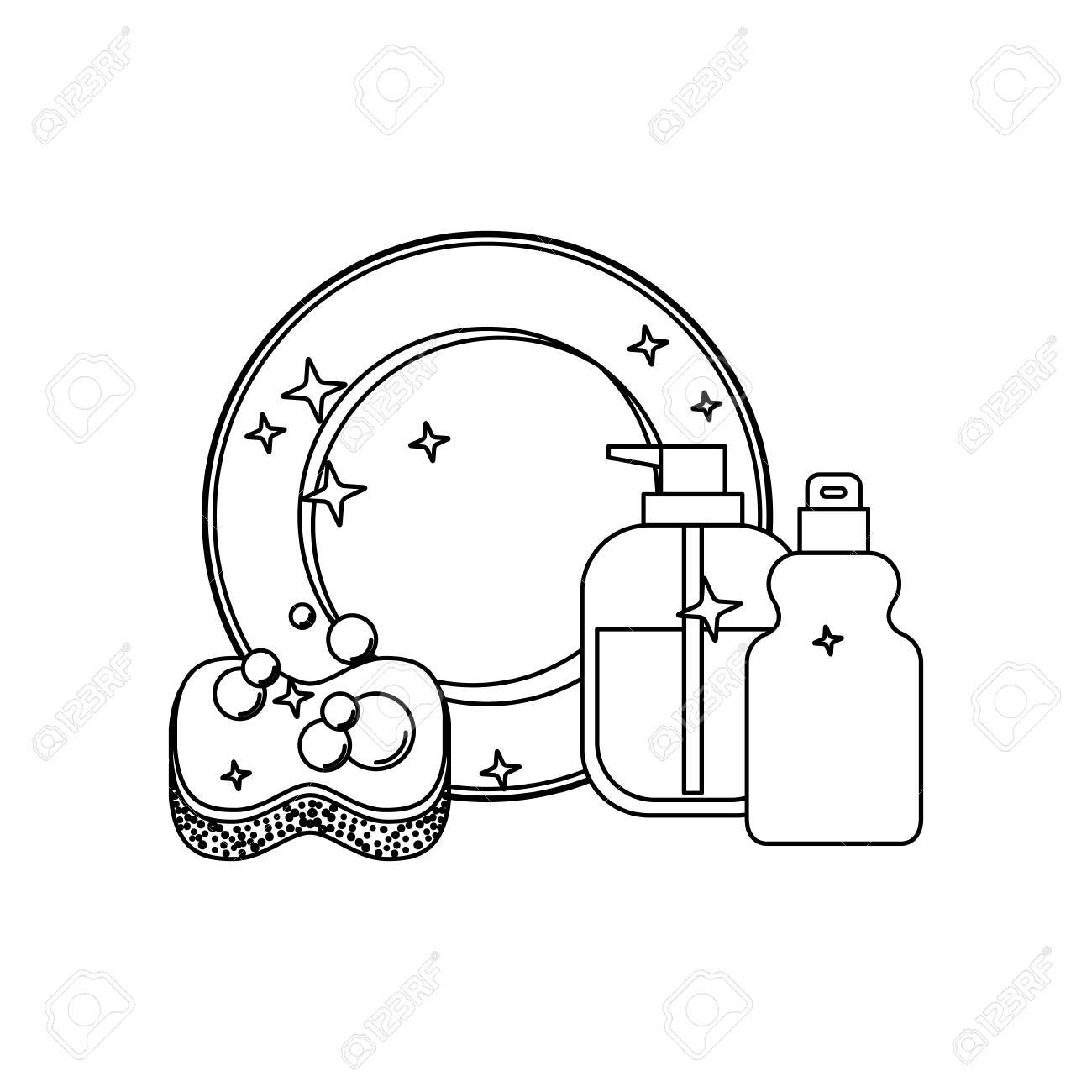 モノクロ シルエット ベクトル図に皿とスポンジと食器洗い機の石鹸 のイラスト素材 ベクタ Image 8433