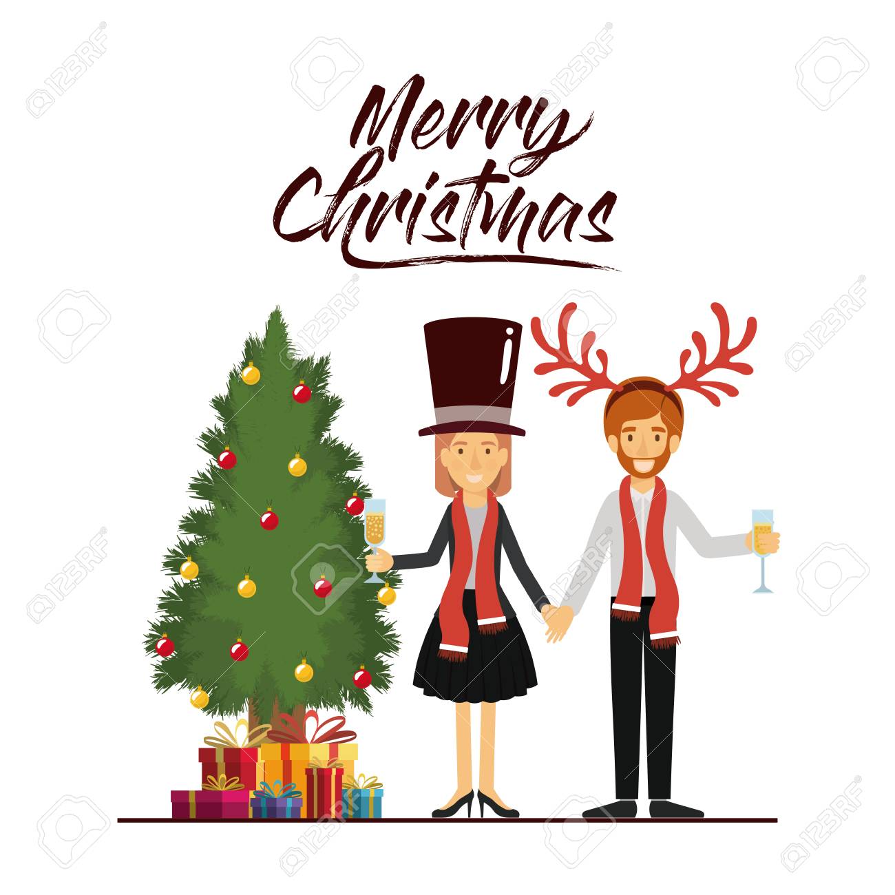 トナカイ角クリスマス帽子ベクトル イラストと黒い帽子と彼の贈り物やスカーフでそれらの両方とツリーと彼女の横にあるシャンパン グラスでクリスマス を祝っているカップルのメリー クリスマス カード のイラスト素材 ベクタ Image