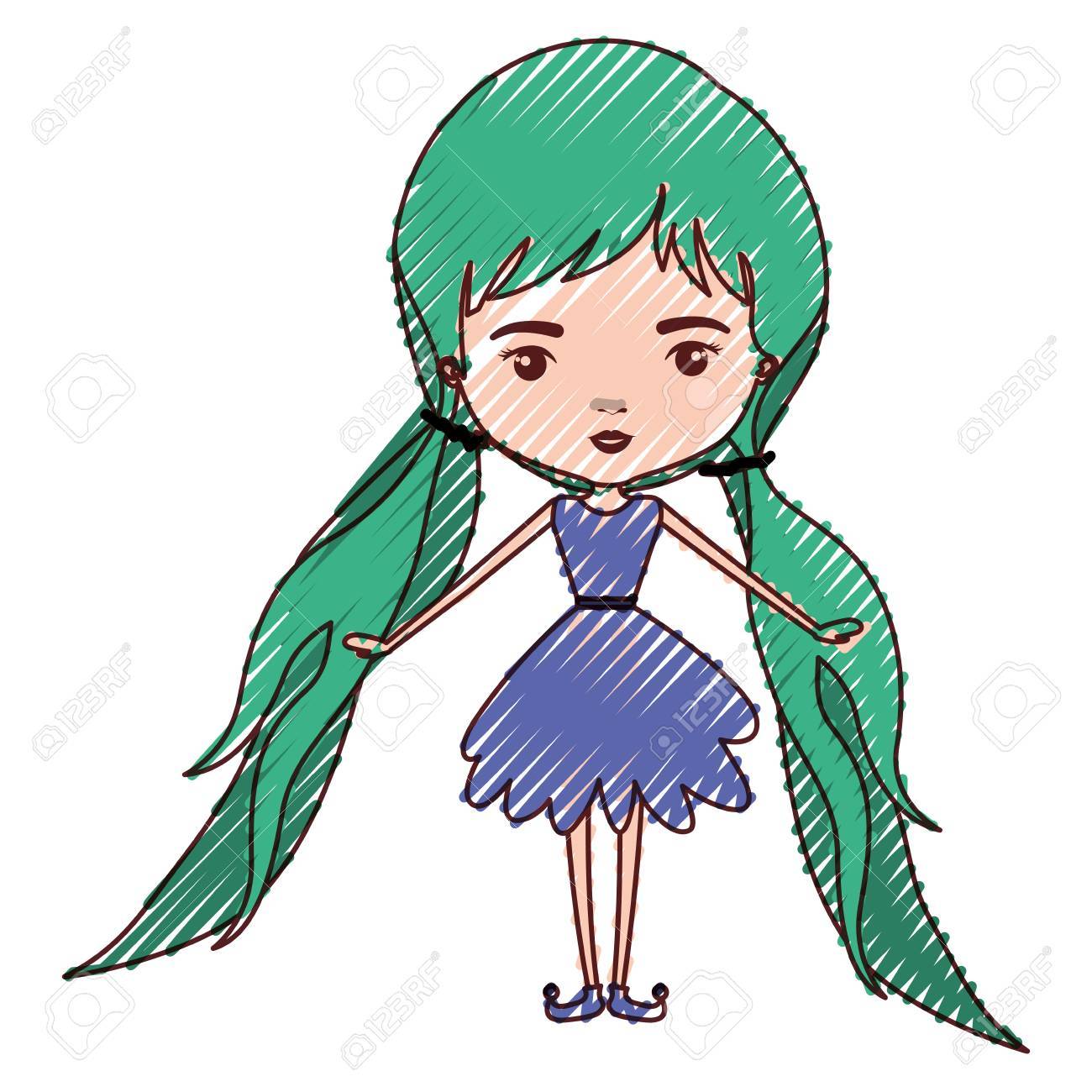 翼と緑の長い髪色クレヨン シルエット ベクトル図の紫色のドレスのおさげ髪でなく乙女チックな妖精 のイラスト素材 ベクタ Image