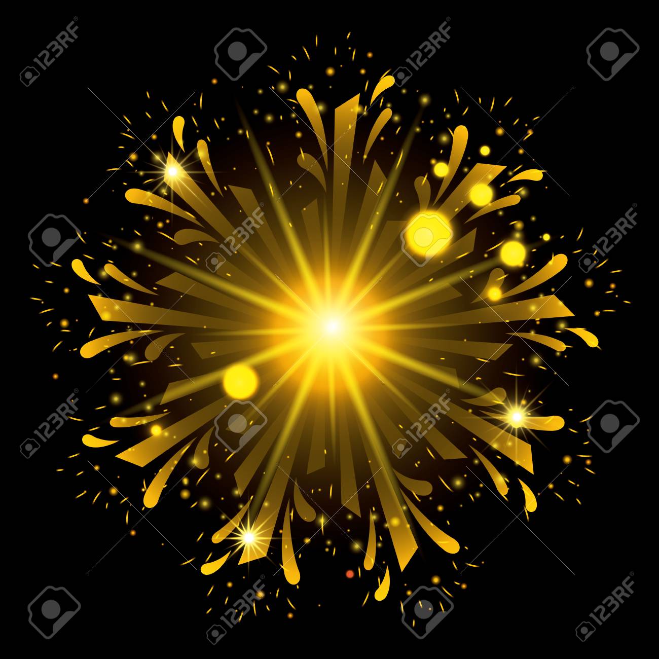 黒の背景に黄色の点滅と花の形の破裂花火ベクトル イラスト のイラスト素材 ベクタ Image