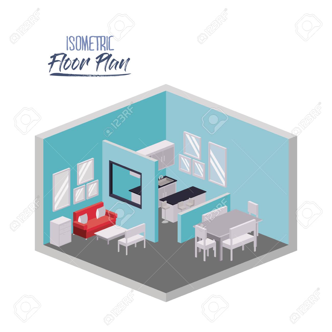 Isometric Floor Plan Of Living Room And Dining Room And Kitchen