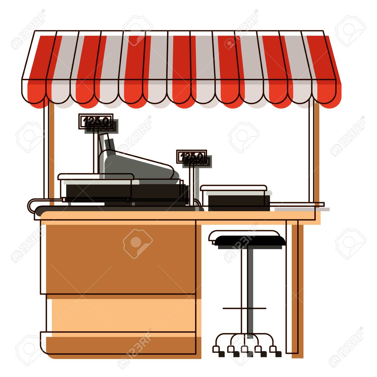 水彩画シルエットベクトルイラストでサンシェード付き計量機とレジポイント付きのスーパーマーケット棚のイラスト素材 ベクタ Image