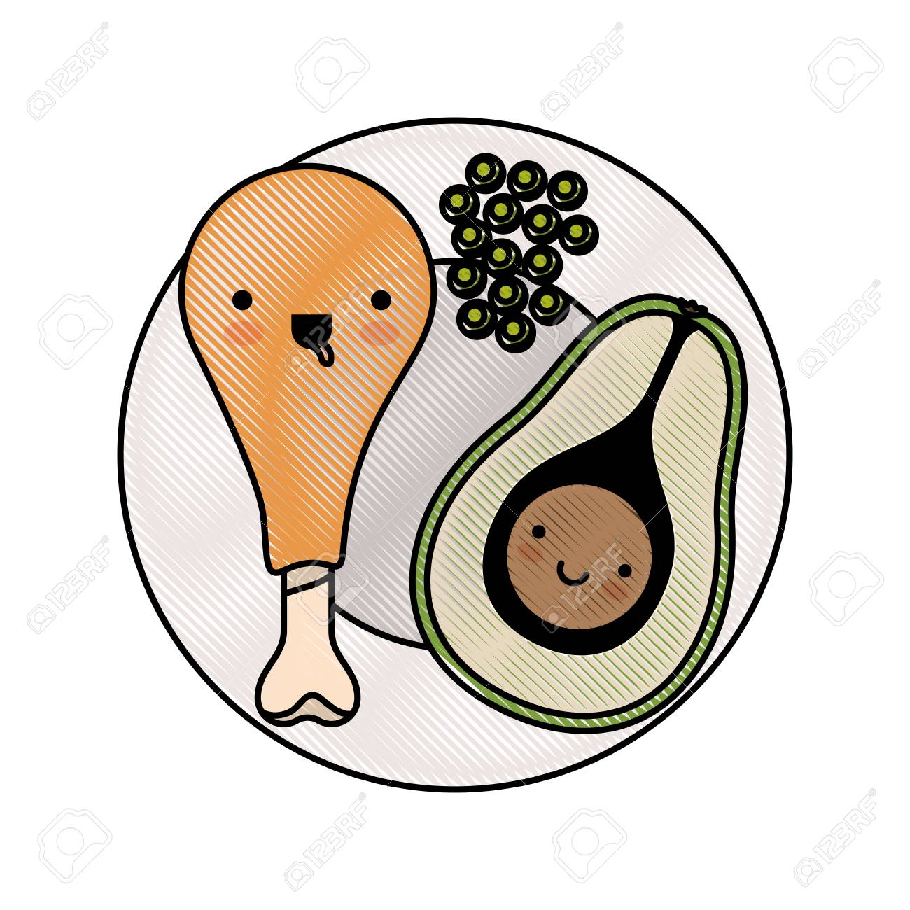 豆と色クレヨン シルエット ベクトル図の中央のアボカドと鶏もも肉でかわいいお皿 のイラスト素材 ベクタ Image