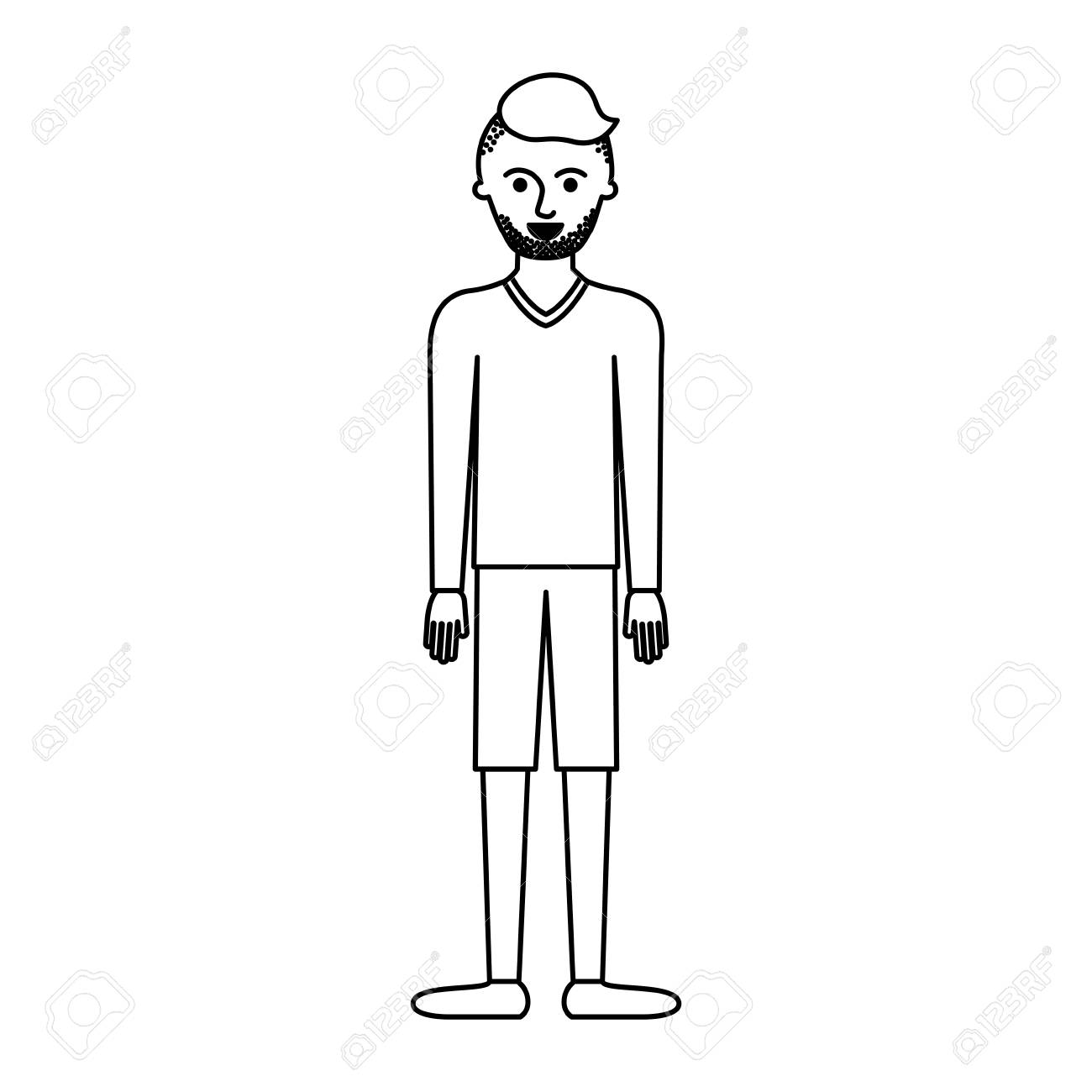 モノクロシルエットベクトルイラストでハイフェードヘアカットと頑固なひげを持つtシャツの長袖とショートパンツと靴を持つ男のフルボディ のイラスト素材 ベクタ Image