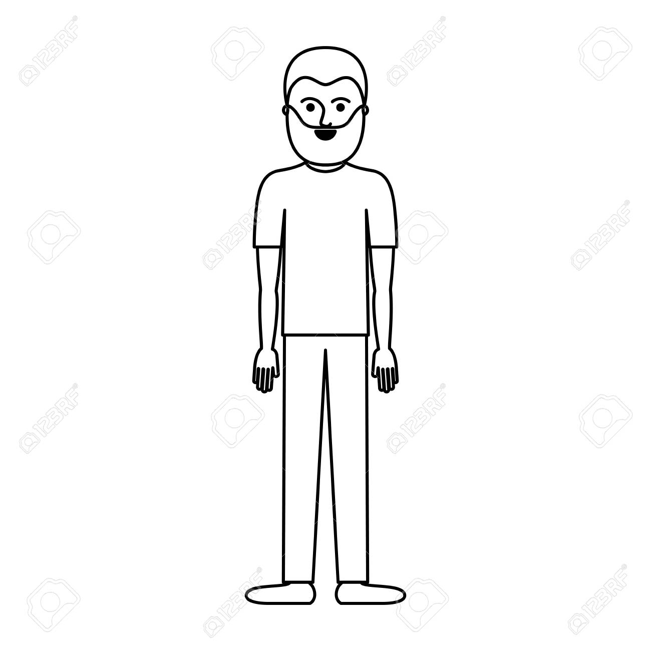 モノクロシルエットベクトルイラストで短い髪とあごひげを持つtシャツとズボンと靴を持つ男のフルボディのイラスト素材 ベクタ Image