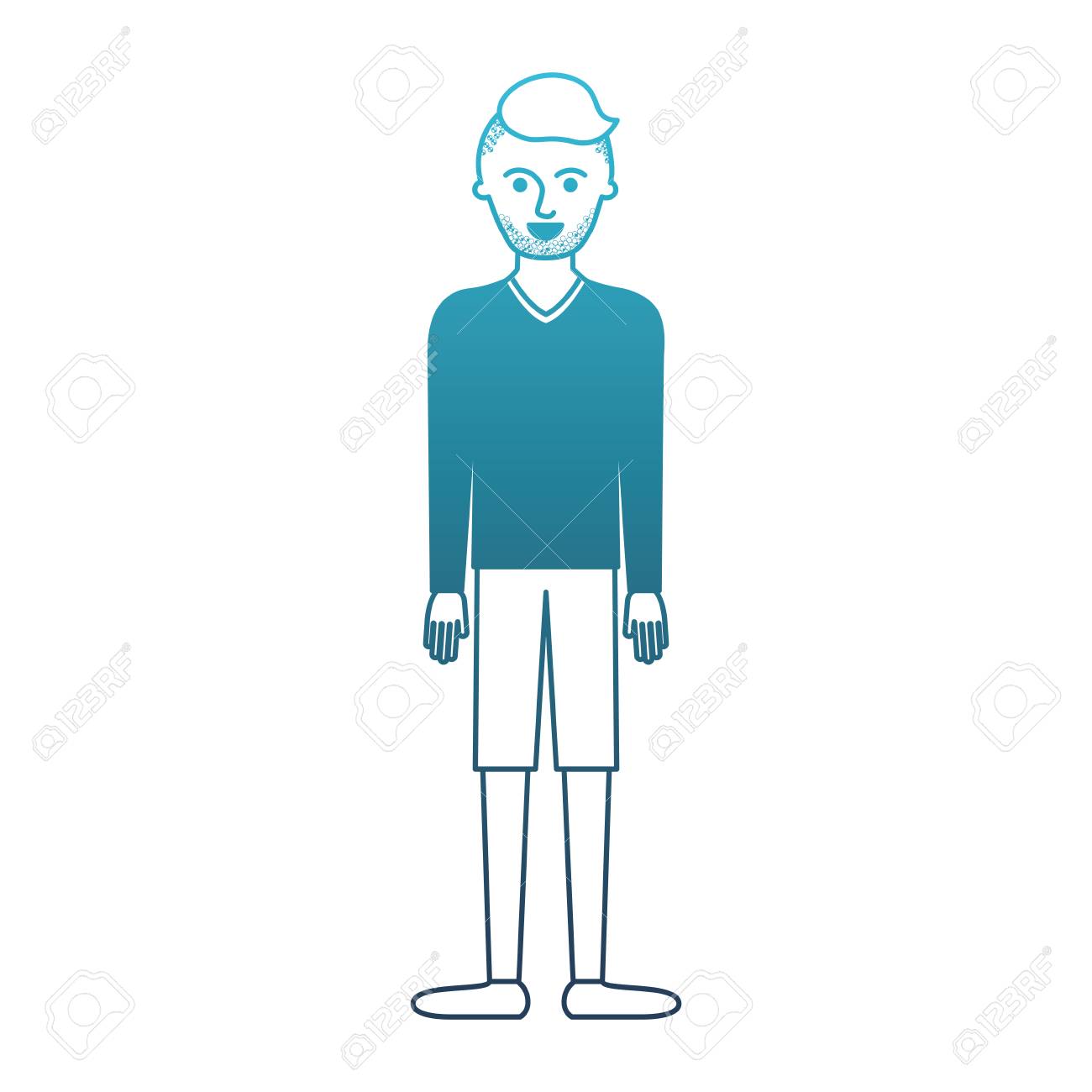 Tシャツの長袖とショートパンツ 劣化した青いシルエットベクトルイラストでハイフェードヘアカットと頑固なひげを持つ靴を持つ男のフルボディ のイラスト素材 ベクタ Image