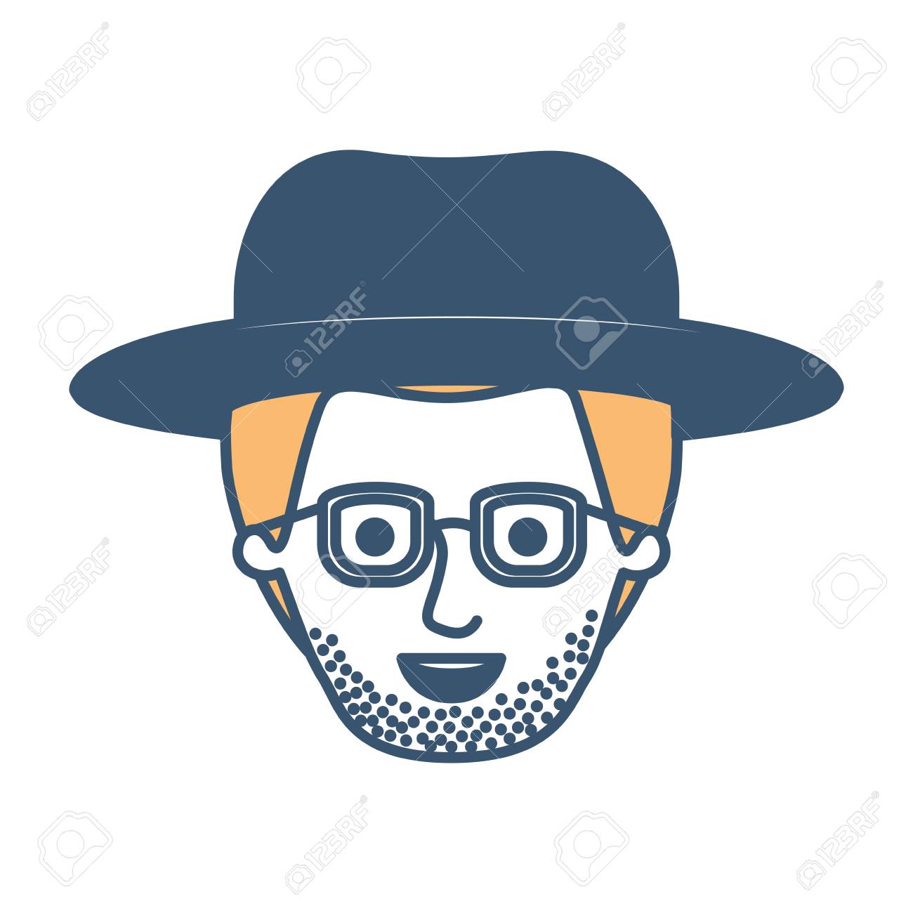 mannliches gesicht mit hut und brille und kurzen haaren und stoppeln bart in farbe abschnitte silhouette vektor illustration