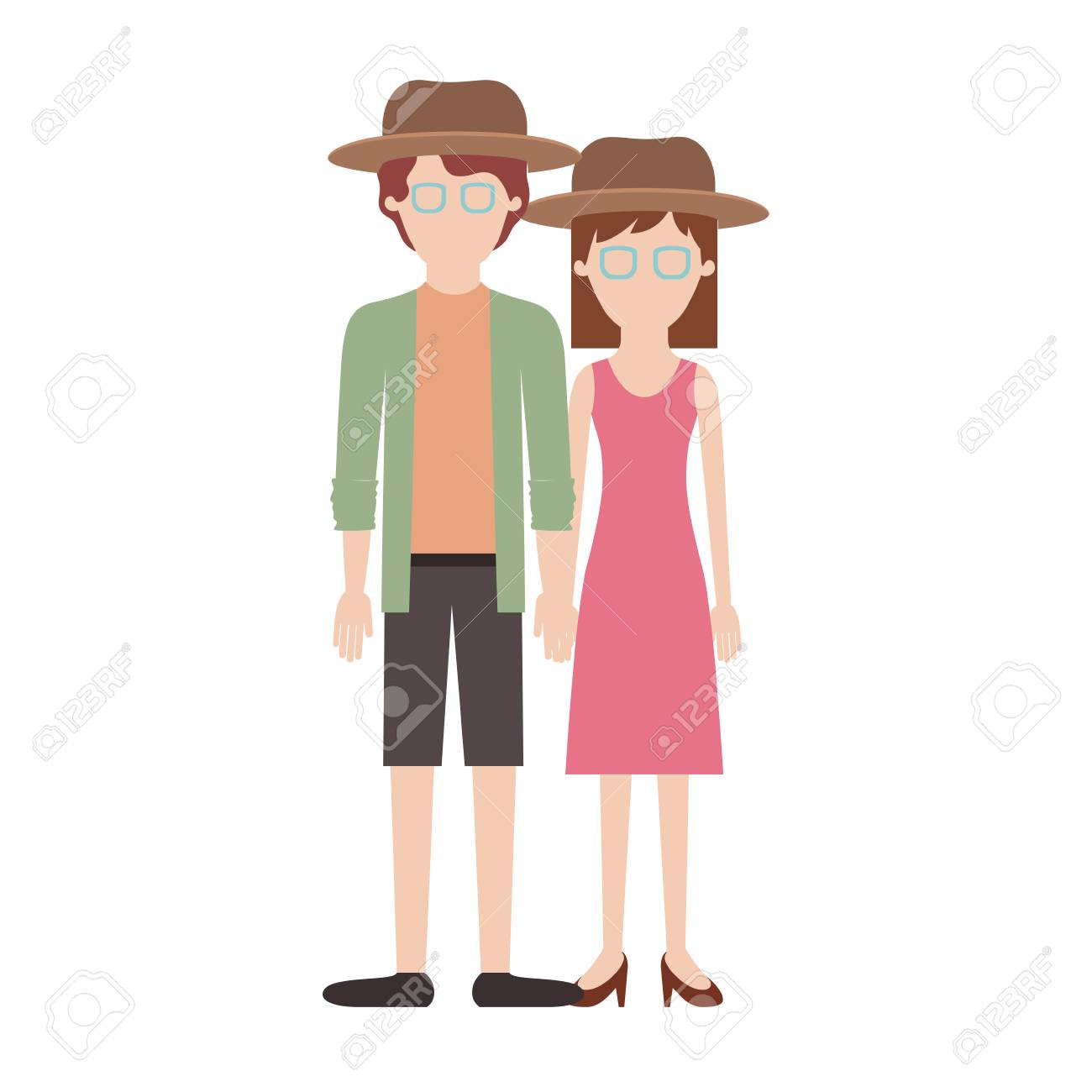顔カップル カラフルなシルエットと帽子と眼鏡の両方とシャツとジャケットとショート パンツと靴で彼と中間の長さの髪とドレスとヒールの靴を彼女のベクトル イラストのイラスト素材 ベクタ Image