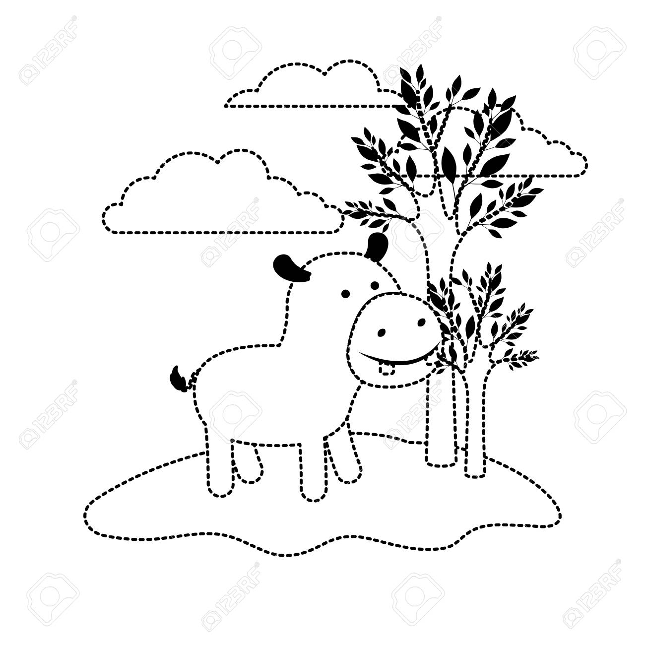 黒い点線のシルエットベクトルイラストで木や雲と屋外シーンでカバの漫画 のイラスト素材 ベクタ Image