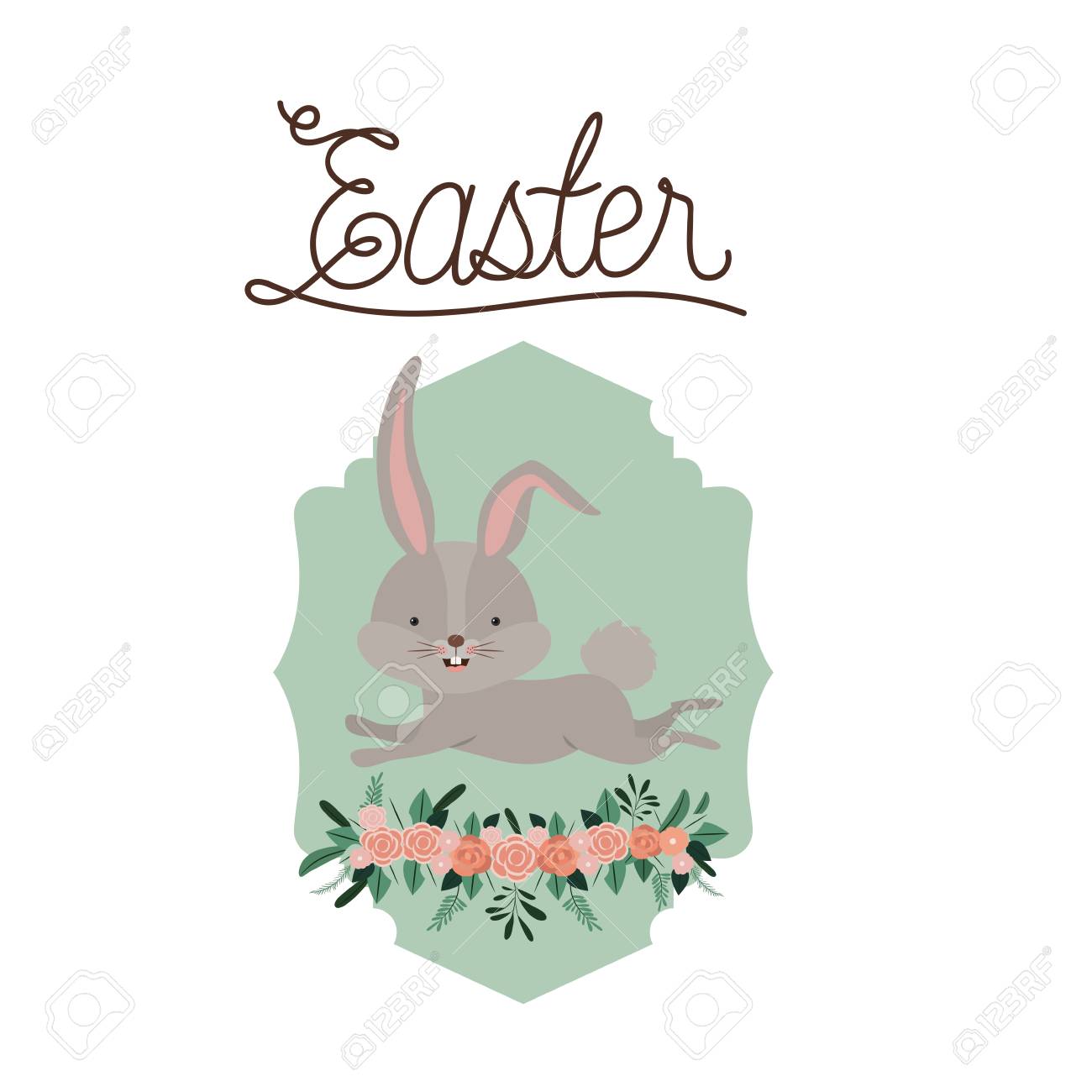 カラフルなシルエットベクトルイラストでフレームと花の飾り付けバニー