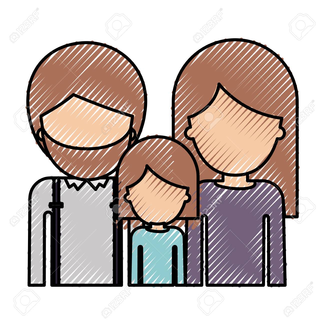 色付きクレヨンシルエットベクトルイラストで長いまっすぐな髪をしたあごひげと女の子と女性を持つ半身無顔者 のイラスト素材 ベクタ Image