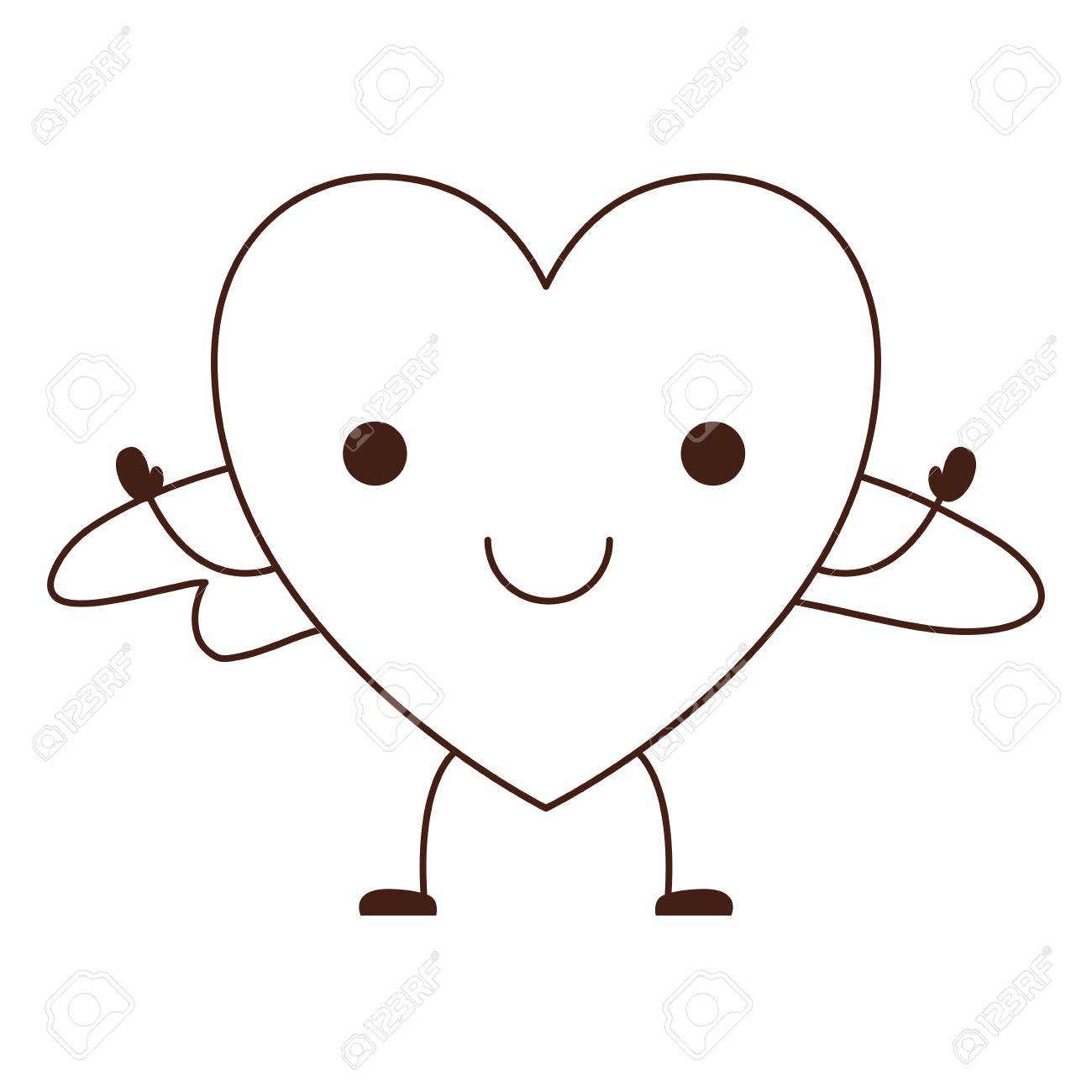 茶色の輪郭で翼と笑顔の表情を持つハートキャラクター ベクトルイラスト のイラスト素材 ベクタ Image