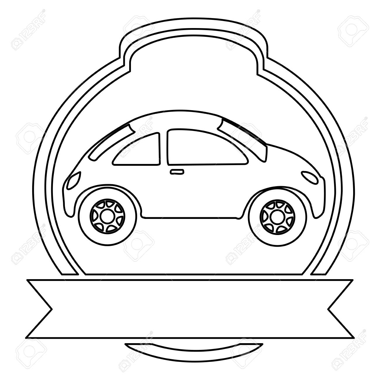 紋章丸いフレームとバナーベクトルのイラストでスポーツカーのモノクロ輪郭のイラスト素材 ベクタ Image
