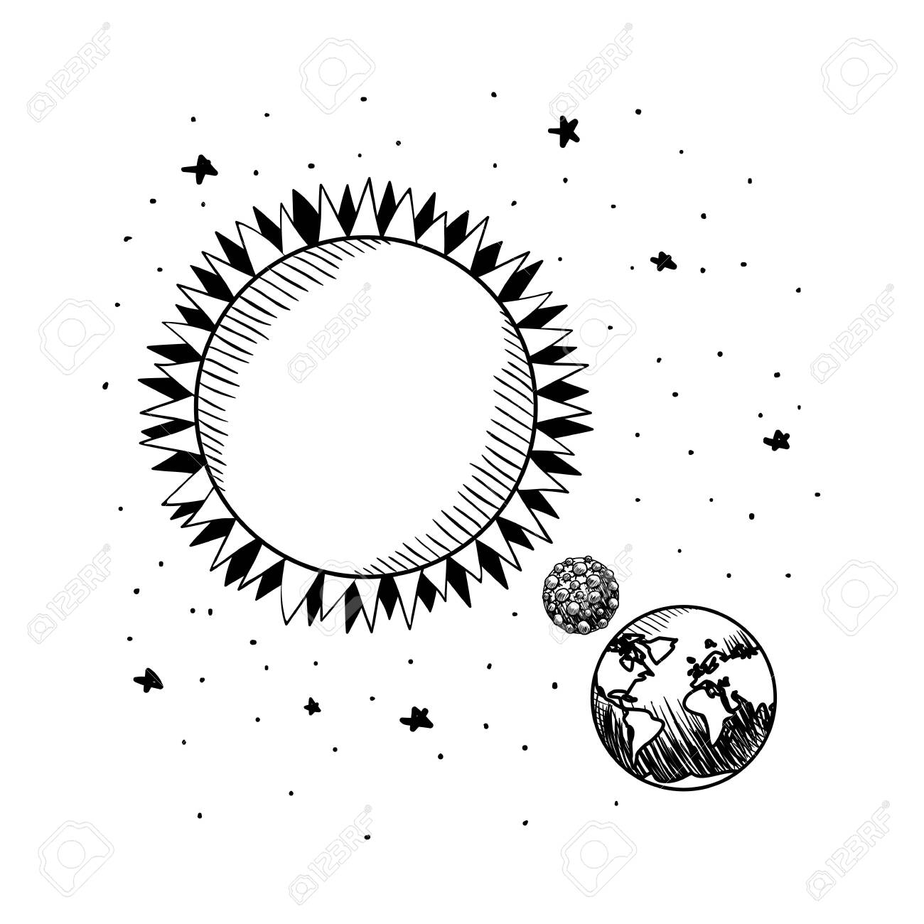 Sun Moon And Earth Draws Design Solar System Space Orbit Galaxy