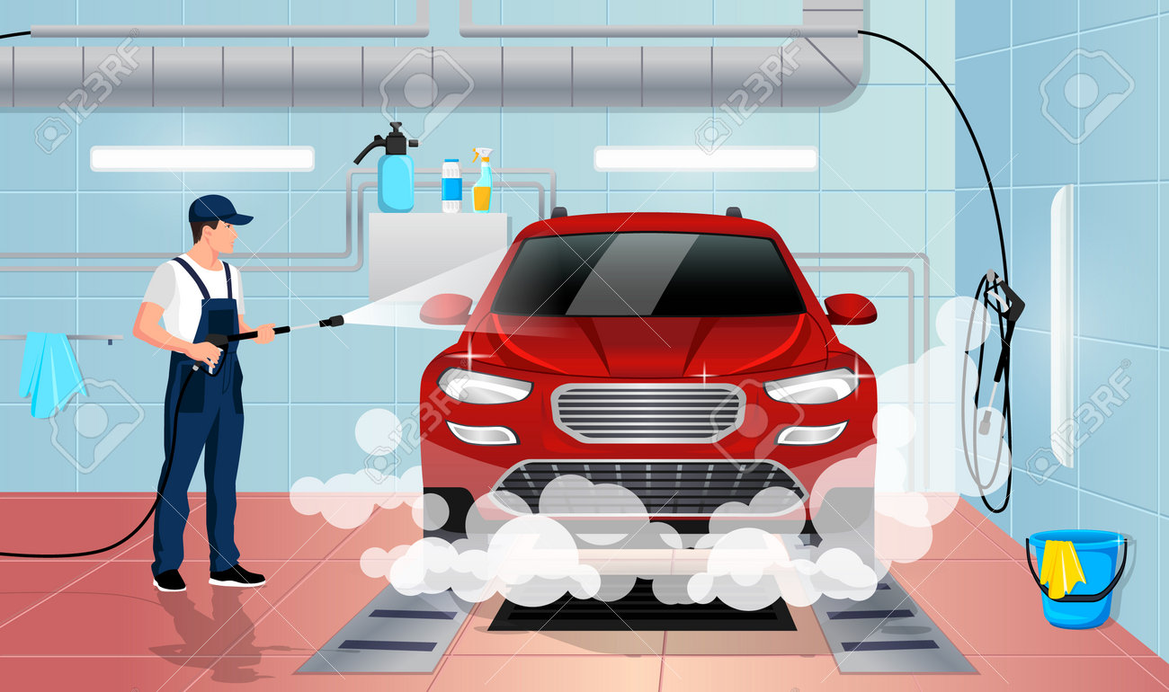 洗車サービス。中で洗車。高圧水で泡で自動車を洗う均一な労働者。オートスパのプロのディテールワッシャー。クリーニングガレージステーションのベクターイラストのイラスト素材・ベクター  Image 201119544
