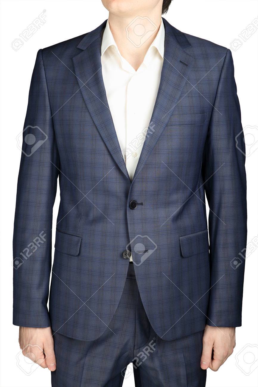 灰色青い格子縞のスーツ ブレザー男性の結婚式の服装新郎 白で分離されました の写真素材 画像素材 Image
