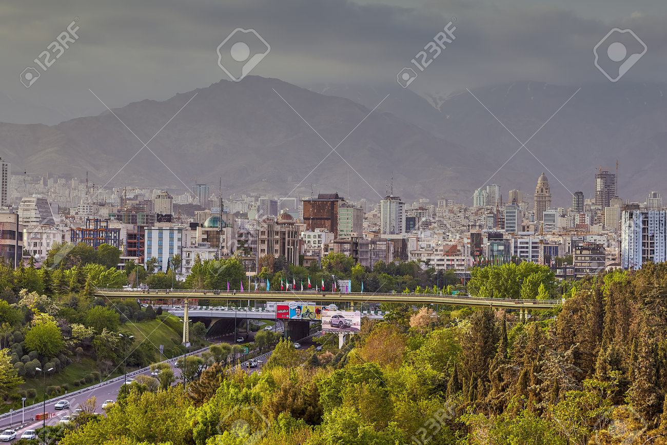 Tehran Iran April 28 2017 The Urban Landscape Of Northern Tehran With The Bridge Of Water And Fire Or Abo Atash Bridge And Alborz Mountains Stock Photo Picture And Royalty Free Image Image 96661482