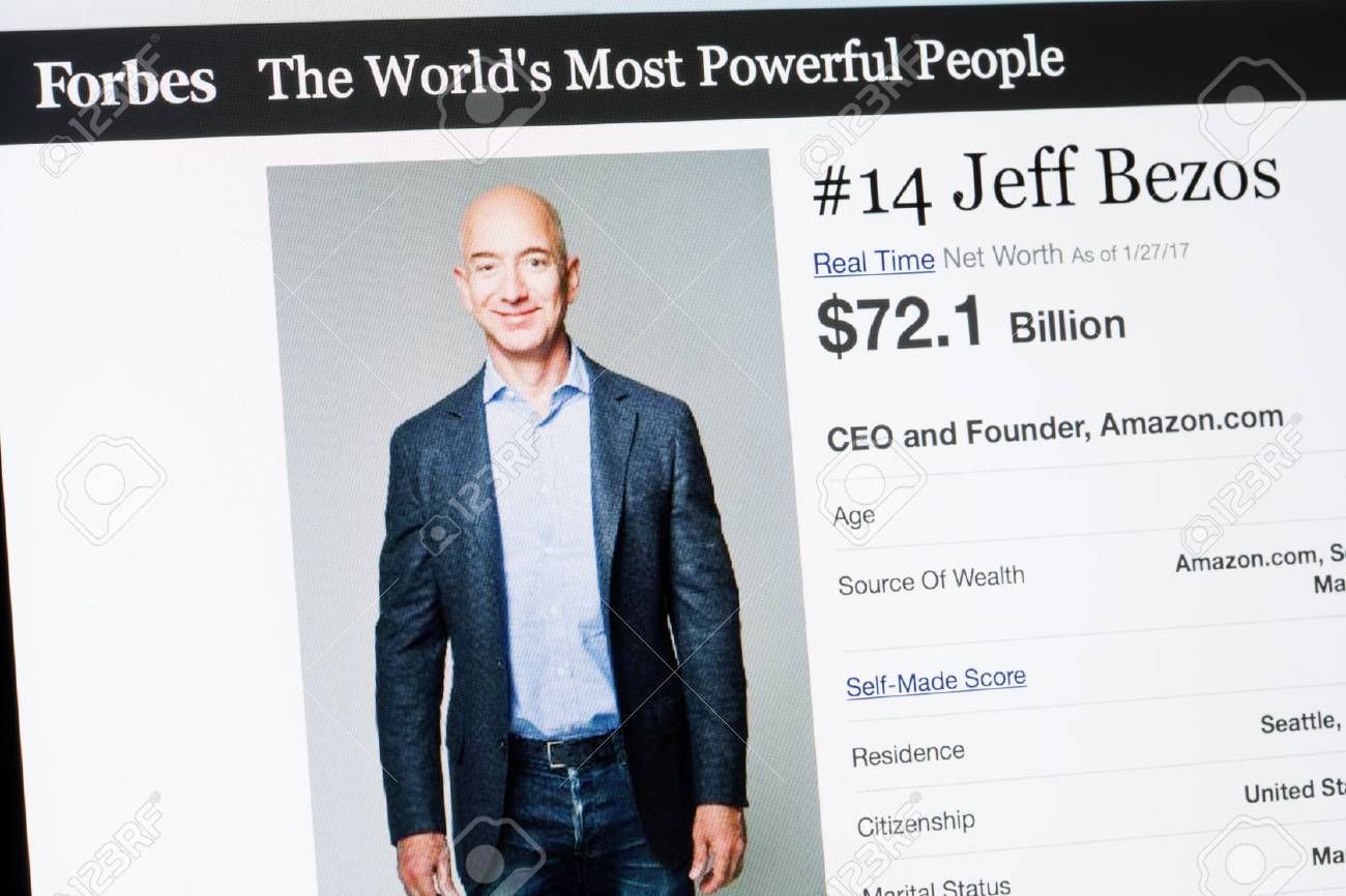 RIGA, LATVIA - February 24, 2017: Forbes Magazine list of The Worlds Most Powerful People.Number 14 CEO and founder of Amazon.com Jeff Beezos. - 75365740 RIGA, LATVIA - February 24, 2017: Forbes Magazine list of The Worlds Most Powerful People.Number 14 CEO and founder of Amazon.com Jeff Beezos. - 75365740