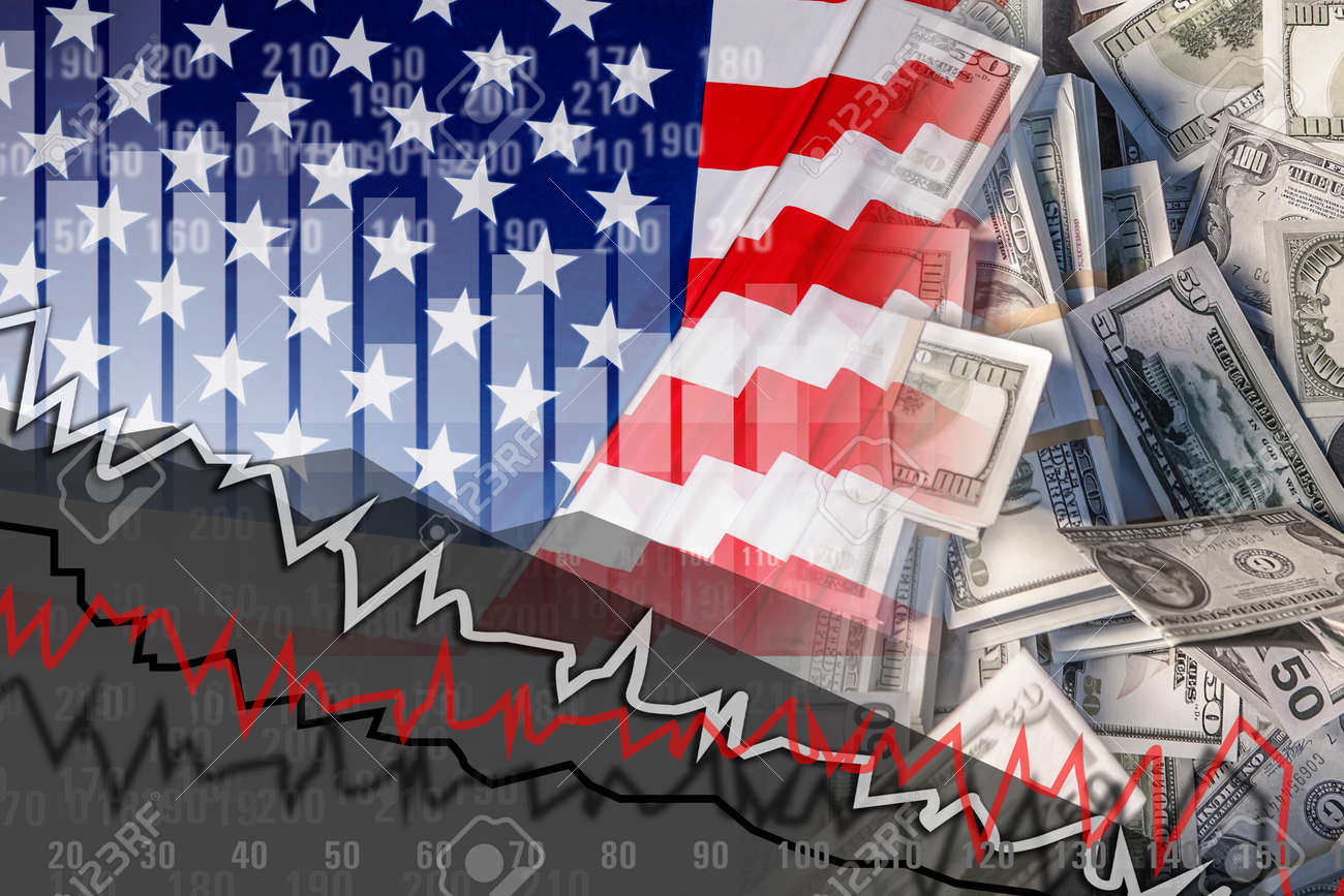 アメリカ株式市場の崩壊。チャートと相場は株式市場の問題を示しています。証券取引所の収益性の低下。株価の下落米国企業。米国国債の価値の低下の写真素材・画像素材  Image 171117415