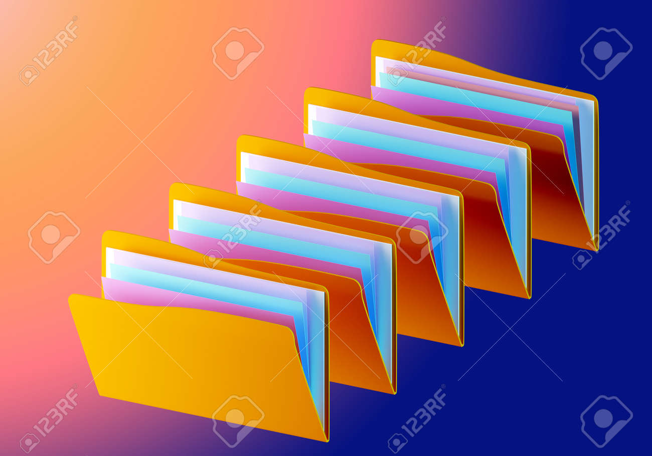 Conceito de banco de dados virtual. armazenamento digital de informações. banco de dados virtual. arquivo digital na internet. pastas amarelas de papéis em fundo colorido. processamento e distribuição de dados. imagem 3d. - 179527233 Conceito de banco de dados virtual. armazenamento digital de informações. banco de dados virtual. arquivo digital na internet. pastas amarelas de papéis em fundo colorido. processamento e distribuição de dados. imagem 3d. - 179527233