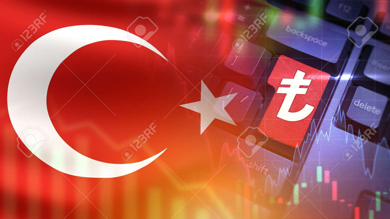 通貨リラの下落。トルコのお金の切り下げ。危機リラのテーマの背景。トルコの国旗と経済危機のロゴ。トルコ共和国の予算の切り下げ。の写真素材・画像素材  Image 181445185