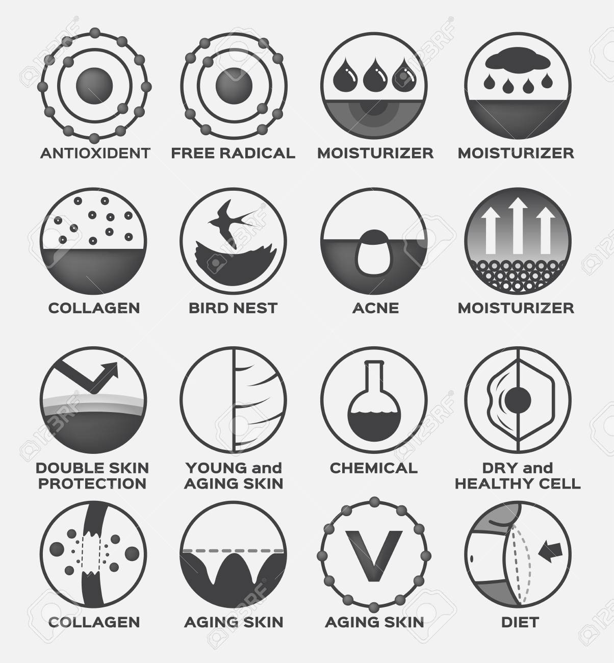 피부 관리 및 화장품 아이콘 집합입니다. 벡터 (항산화 물질 프리 라디칼 모이스처 라이저 콜라겐 새 둥지 여드름 보호 노화 방지 화학  다이어트) 로열티 무료 사진, 그림, 이미지 그리고 스톡포토그래피. Image 73945307