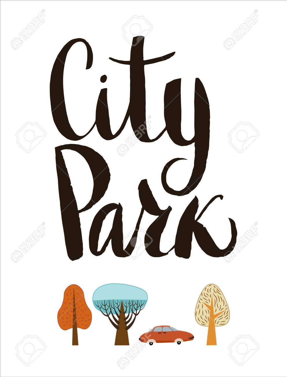 Der Vektor Skript Schriftzug City Park Und Flache Wald Elemente Vaus Baume Und Ein Auto Lizenzfrei Nutzbare Vektorgrafiken Clip Arts Illustrationen Image 58440398