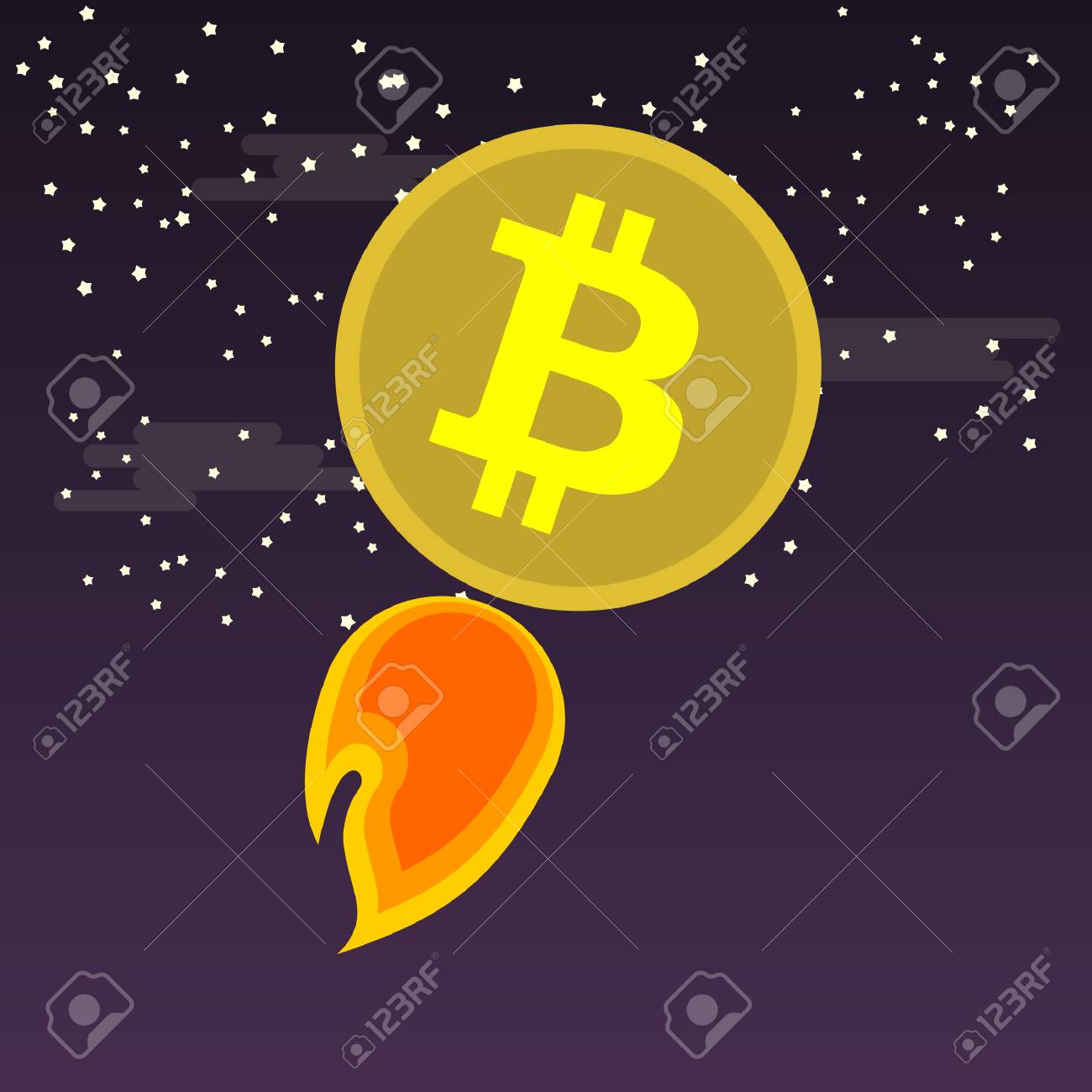 코인 비트 코 인이 우주로 날아간다. 비율의 급속한 성장. 로열티 무료 사진, 그림, 이미지 그리고 스톡포토그래피. Image  94588751