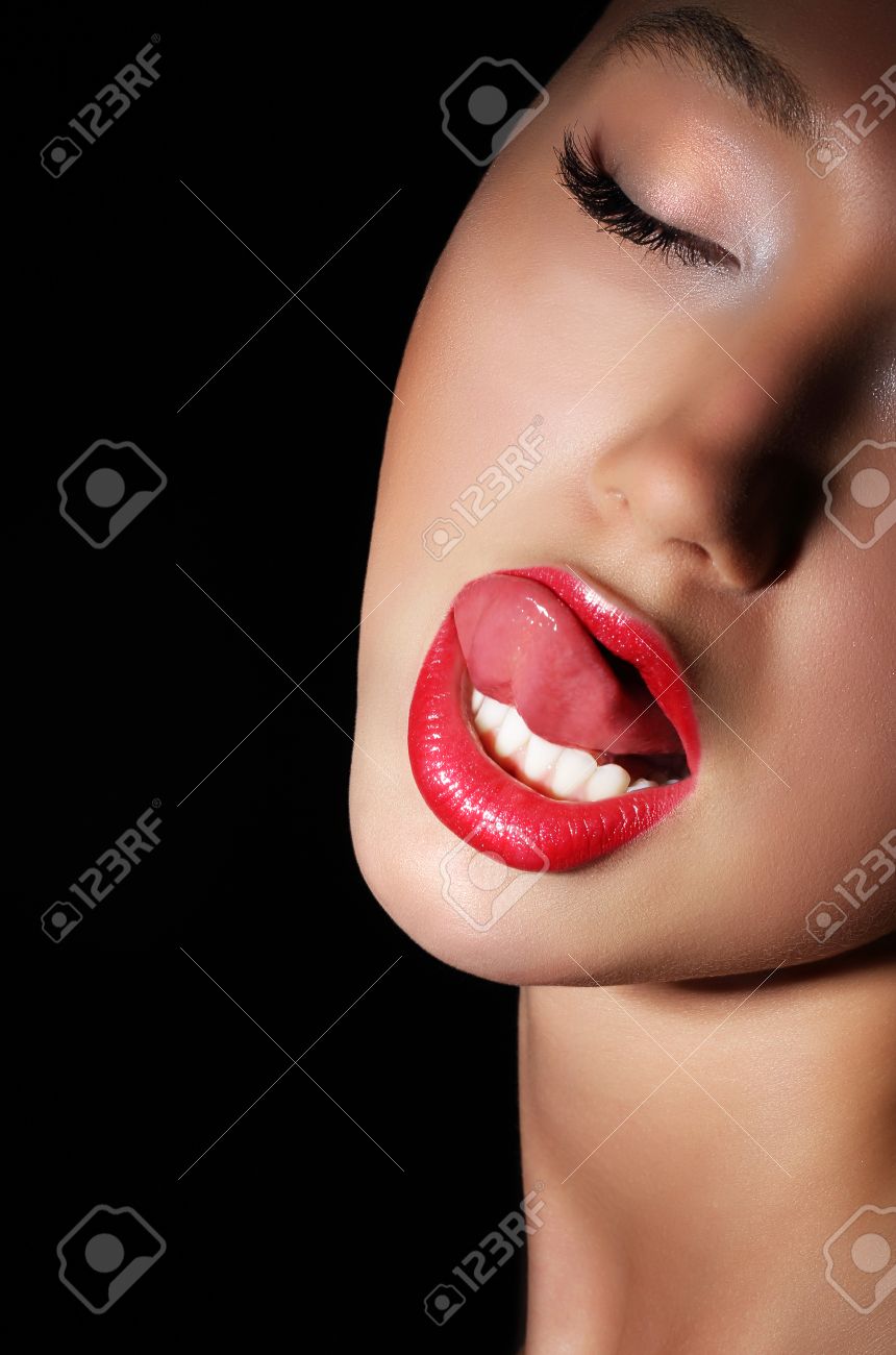 Provocative Woman Licking Her Red Sexy Lips Passion Stock Photo Provocative Woman Licking Her Red Sexy Lips Passion Stock Photo