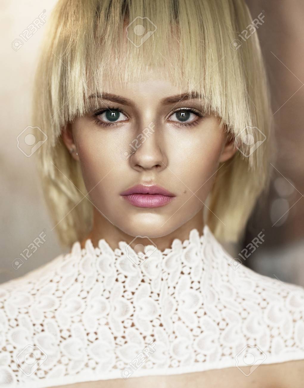 Portrait Of A Young Beautiful Woman In Profile White Hair Short