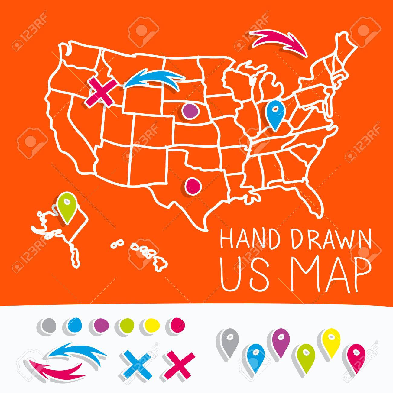 hand drawn us map whith map pins vector illustration royalty free