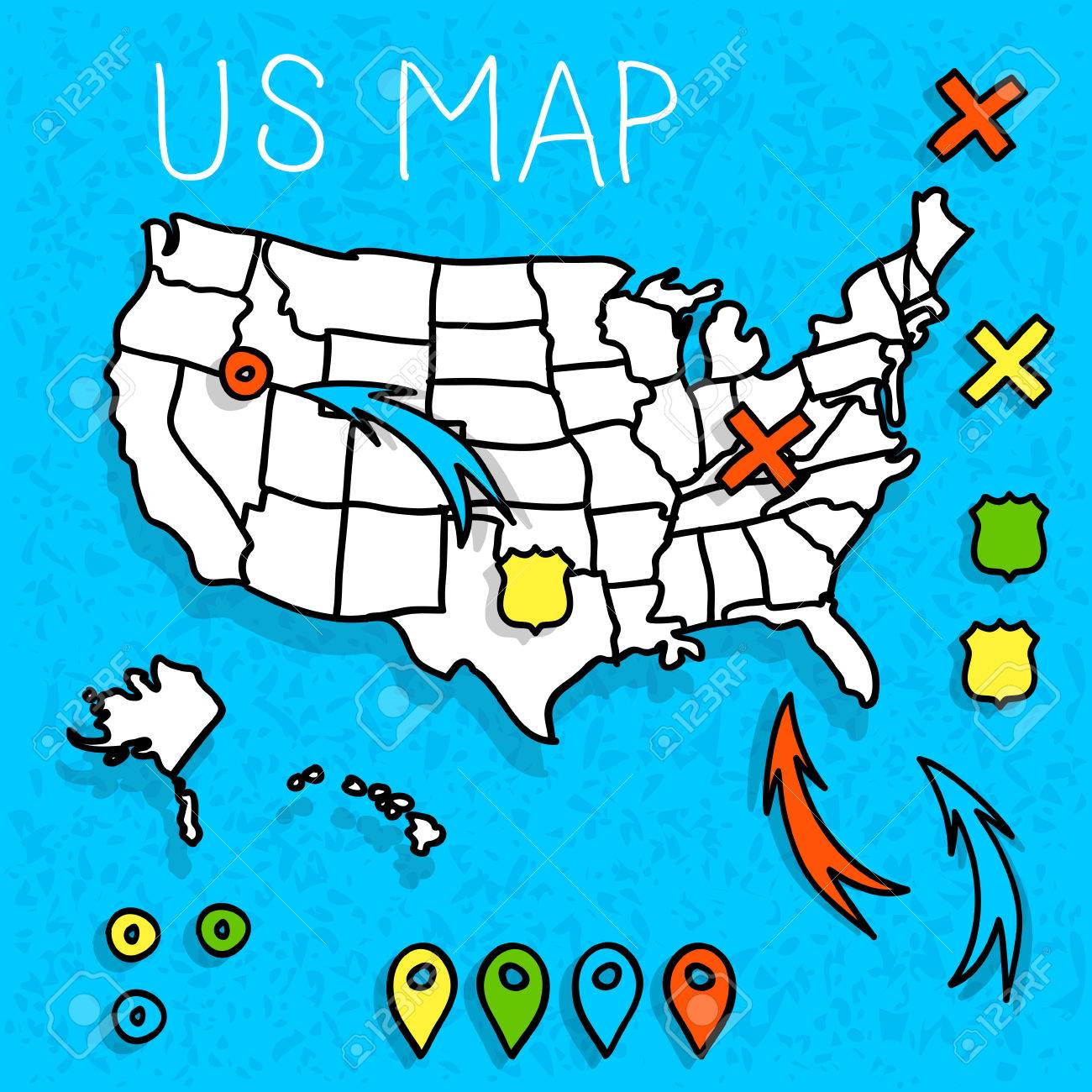 hand drawn us map whith map pins vector illustration royalty free