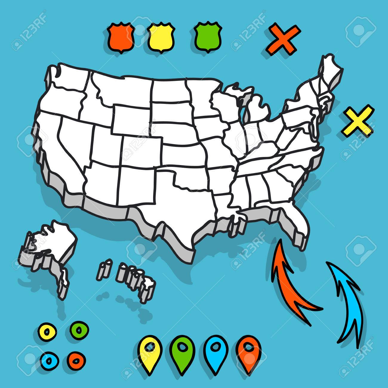 hand drawn us map whith map pins vector illustration royalty free