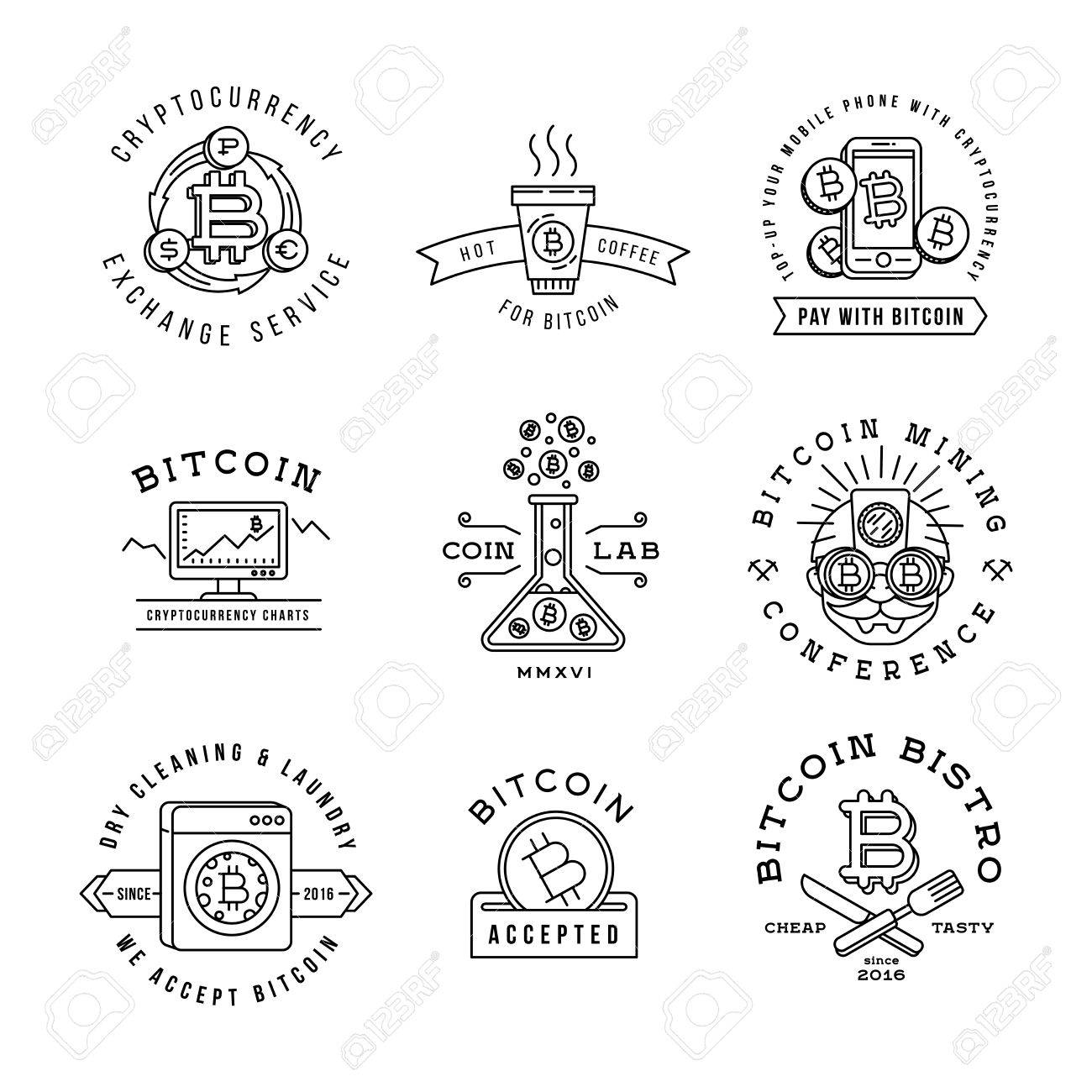 비트 코인 로고 템플릿 설정합니다. 암호 화폐 배지 모음입니다. 디지털 돈 아이콘. 개요 동전 벡터 디자인 로열티 무료 사진, 그림,  이미지 그리고 스톡포토그래피. Image 47047378