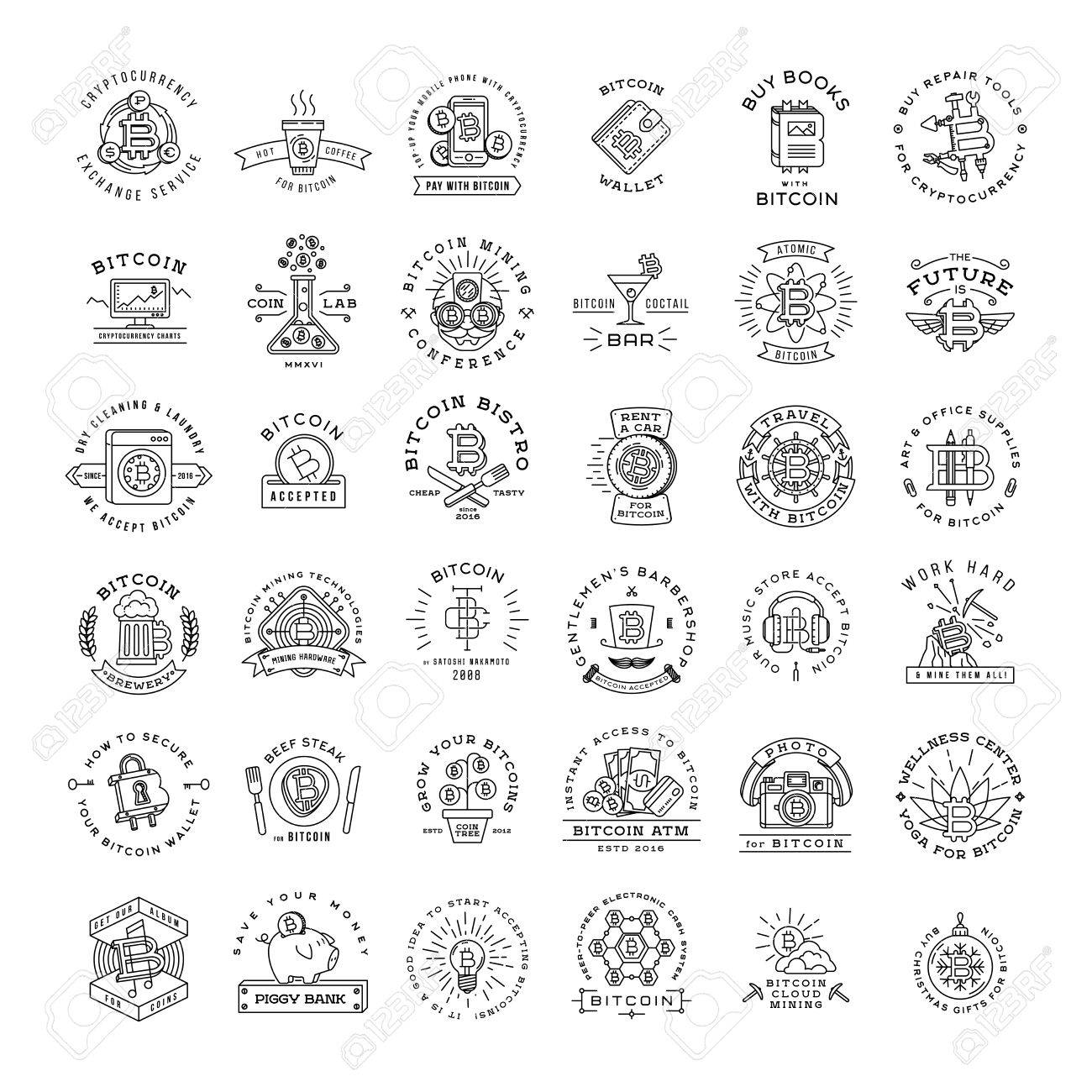 비트 코인 로고 템플릿 설정합니다. 암호 화폐 배지 모음입니다. 디지털 돈 아이콘. 개요 동전 벡터 디자인 로열티 무료 사진, 그림,  이미지 그리고 스톡포토그래피. Image 47047388