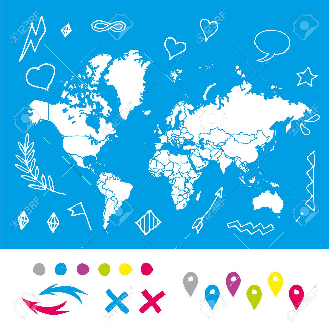 hand drawn world map with pins and arrows vector design cartoon